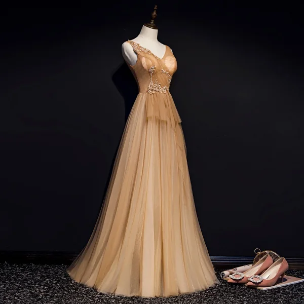 Chic / Beautiful Gold Evening Dresses 2019 A-Line / Princess V-Neck Beading Pearl Crystal Sequins Lace Flower Sleeveless Backless Floor-Length / Long Formal Dresses
