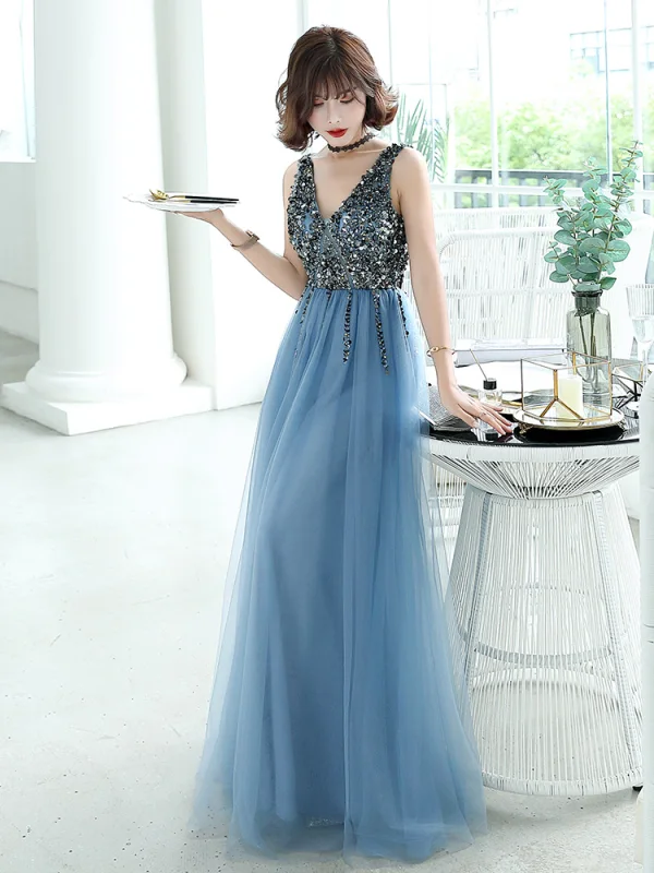 Charming Ocean Blue Evening Dresses 2019 A-Line / Princess V-Neck Beading Crystal Sleeveless Backless Floor-Length / Long Formal Dresses