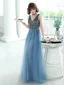 Charming Ocean Blue Evening Dresses  2019 A-Line / Princess V-Neck Beading Crystal Sleeveless Backless Floor-Length / Long Formal Dresses
