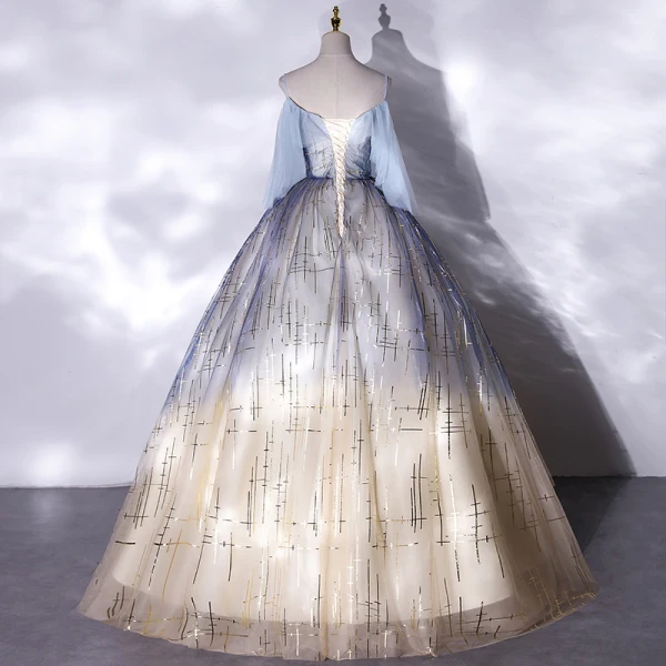 Mode Bleu Ciel Dégradé De Couleur Robe De Bal 2021 Robe Boule Bretelles Spaghetti Paillettes En Dentelle Fleur Sans Manches Dos Nu Longue Robe De Ceremonie