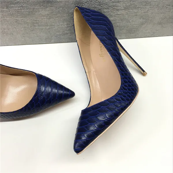 Classy Royal Blue Casual Pumps 2019 Leather Snakeskin Print 12 cm Stiletto Heels Pointed Toe Pumps