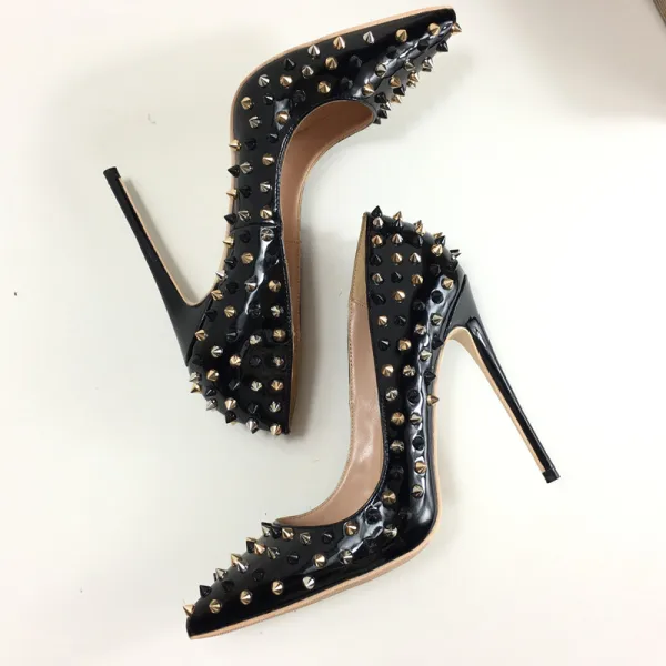 Unique Noire Soirée Escarpins 2019 Rivet 12 cm Talons Aiguilles À Bout Pointu Escarpins