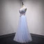 Chic / Belle Bleu Ciel Robe De Bal 2018 Princesse En Dentelle Fleur Appliques Cristal V-Cou Dos Nu Sans Manches Longue Robe De Ceremonie