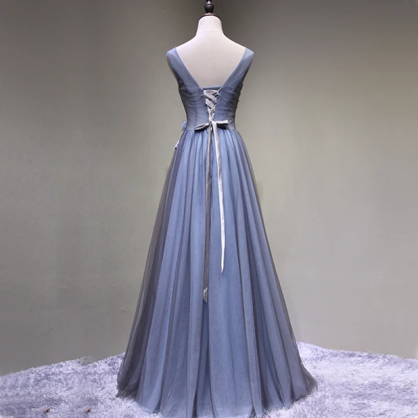 Chic / Beautiful Grey Prom Dresses 2018 A-Line / Princess Lace Flower Appliques Crystal V-Neck Backless Sleeveless Floor-Length / Long Formal Dresses