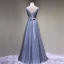 Chic / Beautiful Grey Prom Dresses 2018 A-Line / Princess Lace Flower Appliques Crystal V-Neck Backless Sleeveless Floor-Length / Long Formal Dresses