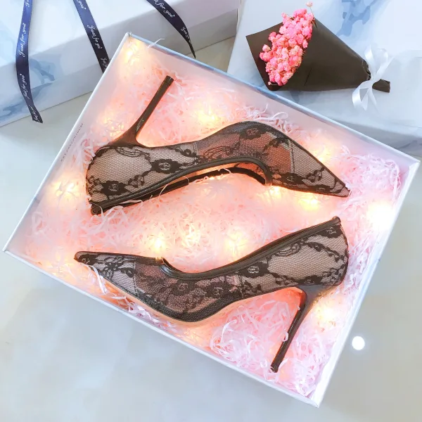 Mooie / Prachtige Zwarte Avond Pumps 2019 Kant 10 cm Naaldhakken / Stiletto Spitse Neus Pumps