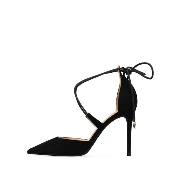 Schöne Freizeit Schwarz Sandalen Damen 2019 Wildleder X-Riemen Schleife 10 cm Stilettos Spitzschuh Hochhackige