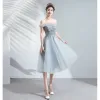 Chic / Beautiful Grey Homecoming Graduation Dresses 2019 A-Line / Princess Ruffle Off-The-Shoulder Beading Lace Flower Sequins Short Sleeve Backless Tea-length Formal Dresses