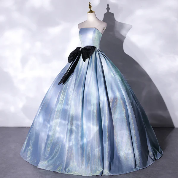 Illusion Sky Blue Prom Dresses 2021 Ball Gown Strapless Bow Sleeveless Backless Floor-Length / Long Formal Dresses