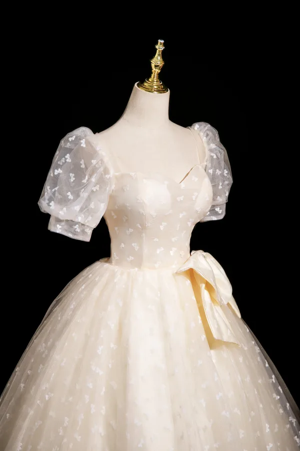 Elegant Champagne Printing Prom Dresses 2025 Ball Gown Square Neckline Bow Puffy Short Sleeve Backless Floor-Length / Long Prom Formal Dresses