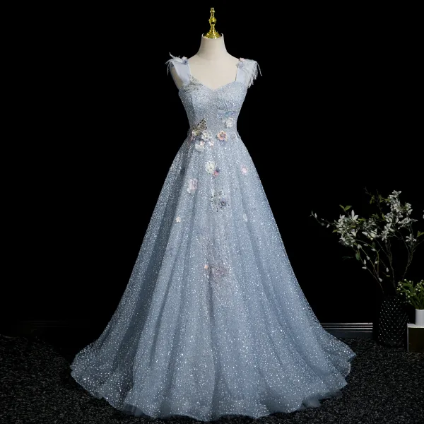 Charming Sky Blue Beading Sequins Appliques Prom Dresses 2025 Ball Gown Square Neckline Sleeveless Backless Floor-Length / Long Prom Formal Dresses
