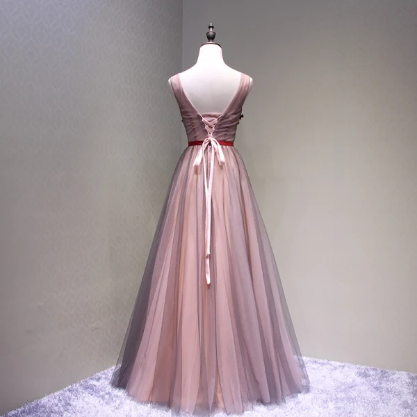 Chic / Belle Bordeaux Robe De Bal 2018 Princesse Appliques Cristal Noeud V-Cou Dos Nu Sans Manches Longue Robe De Ceremonie