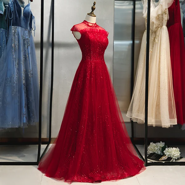 Chic / Beautiful Burgundy Evening Dresses 2019 A-Line / Princess High Neck Beading Sequins Crystal Lace Flower Sleeveless Backless Floor-Length / Long Formal Dresses