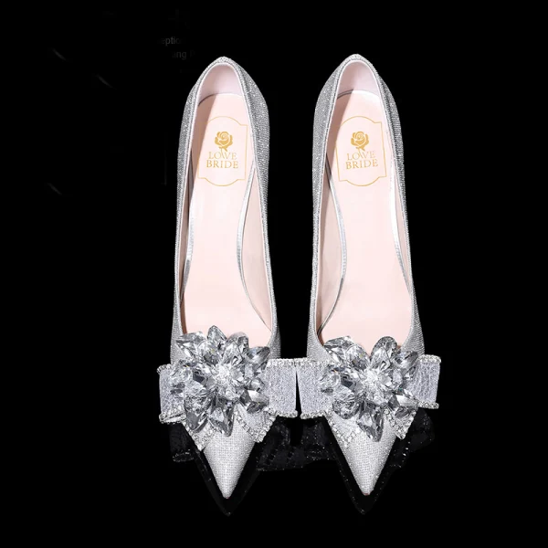 High End Glitzernden Silber Brautschuhe 2019 Kristall Strass Pailletten 6 cm Stilettos Spitzschuh Hochzeit Pumps