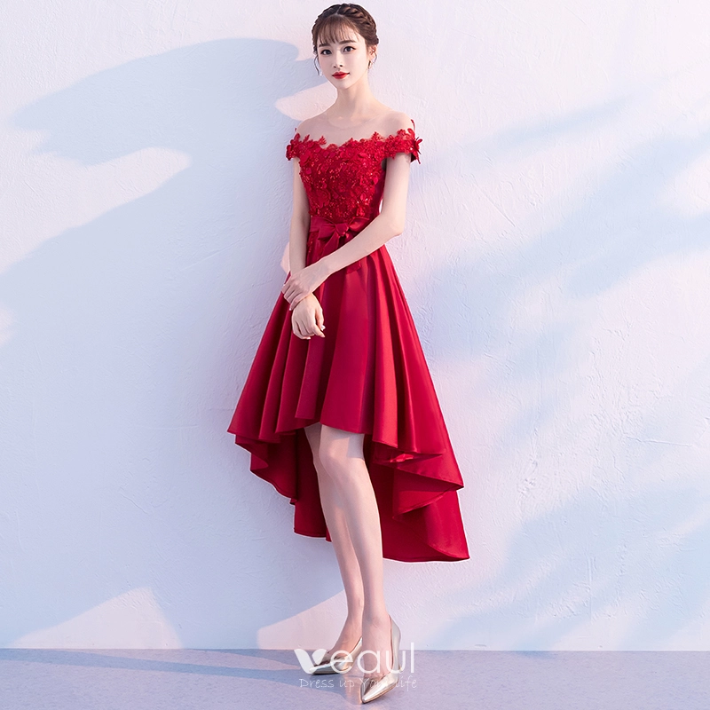 Classy Burgundy Cocktail Dresses 2019 A Line Princess Scoop Neck Lace Flower Appliques Pearl Sequins Bow Short Sleeve Asymmetrical Formal Dresses