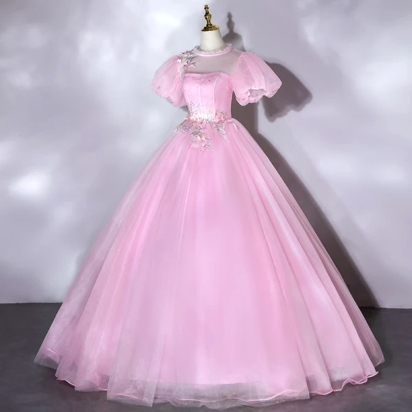 Elegant Candy Pink Prom Dresses 2021 Scoop Neck Pearl Rhinestone Lace Flower Short Sleeve Backless Floor-Length / Long Formal Dresses
