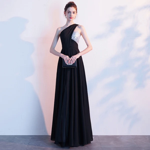 Sexy Schwarz Abendkleider 2019 A Linie One-Shoulder Pailletten Ärmellos Rückenfreies Gespaltete Front Lange Festliche Kleider