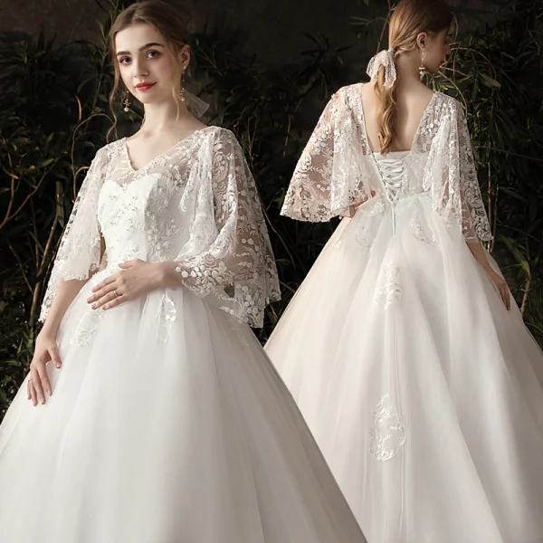 Chic / Beautiful Ivory Pregnant Wedding Dresses 2019 A-Line / Princess V-Neck Pearl Lace Flower 3/4 Sleeve Backless Chapel Train