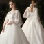 Chic / Beautiful Ivory Pregnant Wedding Dresses 2019 A-Line / Princess V-Neck Pearl Lace Flower 3/4 Sleeve Backless Chapel Train