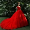 High-end Red Wedding Dresses 2019 Ball Gown V-Neck Pearl Rhinestone Appliques Short Sleeve Backless Chapel Train