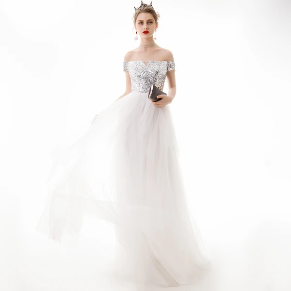 Modern / Fashion Ivory Evening Dresses 2019 A-Line / Princess Off-The-Shoulder Sequins Short Sleeve Backless Floor-Length / Long Formal Dresses