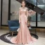 Haut de Gamme Rougissant Rose Robe De Soirée 2020 Trompette / Sirène Col Haut Perlage Gland Perle Faux Diamant Manches Courtes Train De Balayage Robe De Ceremonie
