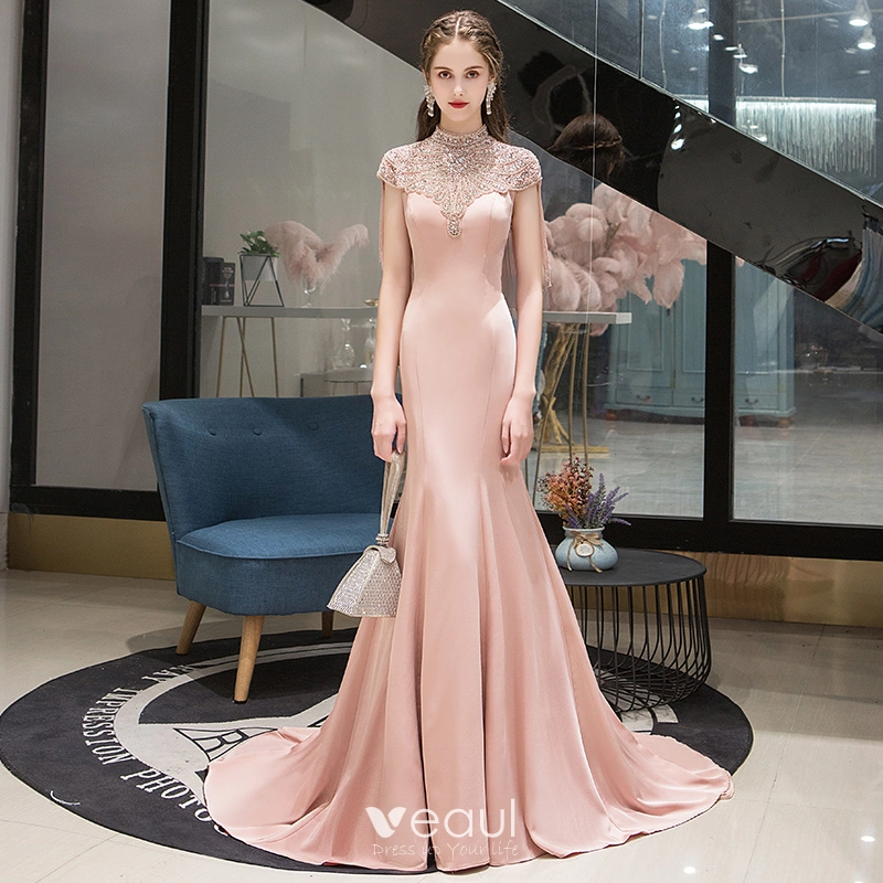 chinese dress ladies Long V-Neck Mermaid Prom Dress with Glitter Print Rose Gold / 2 main image 0