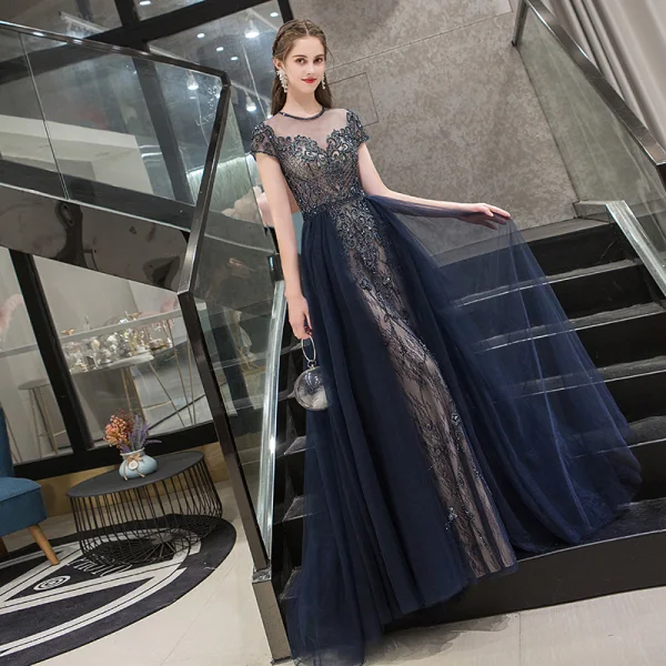 Chic / Beautiful Navy Blue Evening Dresses  2020 A-Line / Princess Scoop Neck Crystal Short Sleeve Backless Floor-Length / Long Formal Dresses