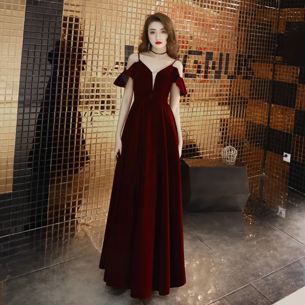 burgundy occasion dresses Burgundy Off Shoulder Velvet Long Prom Dress, Burgundy Formal Evening –  shopluu