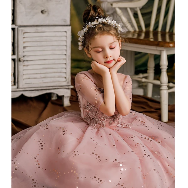 Chic / Beautiful Blushing Pink Bridal Short Flower Girl Dresses 2021 Ball Gown Scoop Neck Beading Crystal Sequins Lace Flower Short Sleeve Wedding Party Dresses