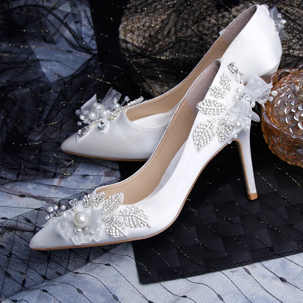 Stylowe / Modne Kość Słoniowa Buty Ślubne 2019 Skórzany Aplikacje Perła Rhinestone 9 cm Szpilki Szpiczaste Ślub Czółenka