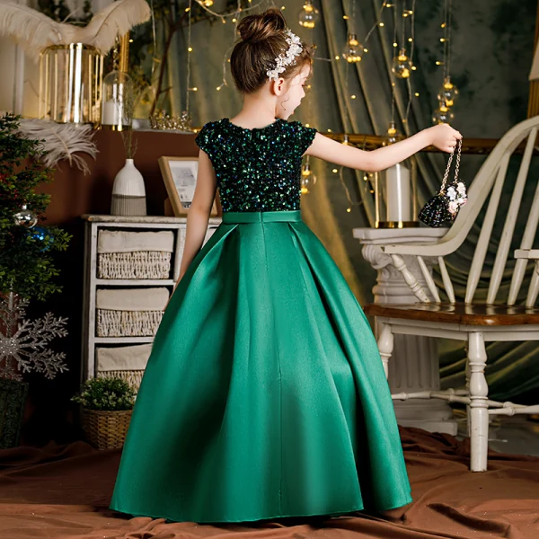 Chic / Beautiful Dark Green Sash Sequins Birthday Flower Girl Dresses Ball Gown 2021 Satin Scoop Neck Short Sleeve Floor-Length / Long