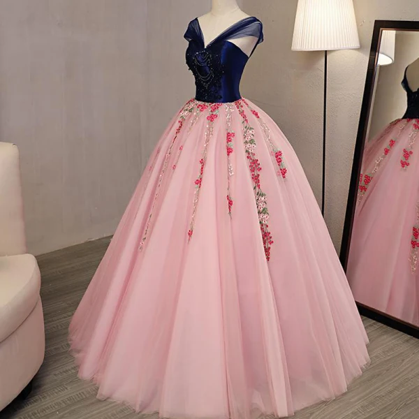 Chic / Belle Rose Bonbon Robe De Bal 2018 Robe Boule Appliques Perlage Cristal V-Cou Dos Nu Sans Manches Longue Robe De Ceremonie