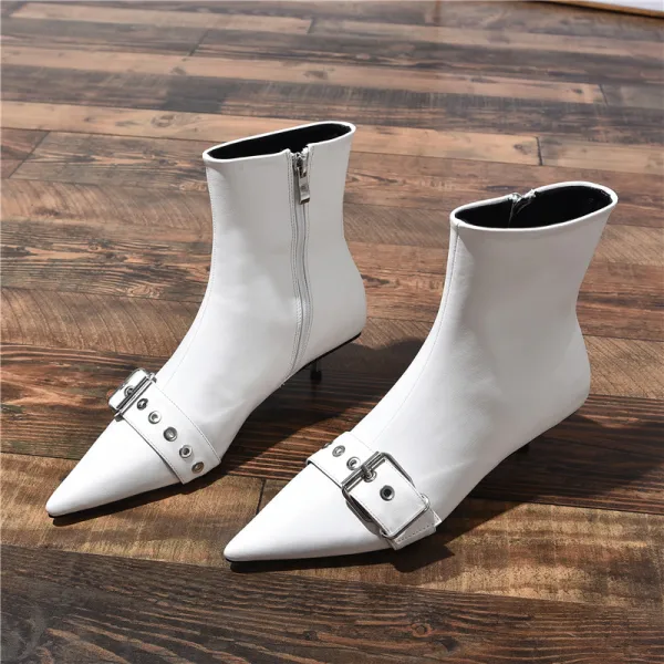 Mode Schwarz Freizeit Low Heel Stiefel Damen 2020 Leder Schnalle 4 cm Stilettos Spitzschuh Stiefel