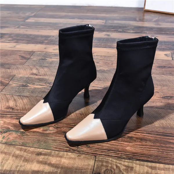 Vintage / Originale Noire Désinvolte Bottes Femme 2020 Cuir 7 cm Talons Aiguilles À Bout Pointu Bottes