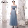 Modern / Fashion Sky Blue Star Sequins Bridesmaid Dresses 2021 A-Line / Princess Off-The-Shoulder Short Sleeve Backless Floor-Length / Long Wedding Party Dresses