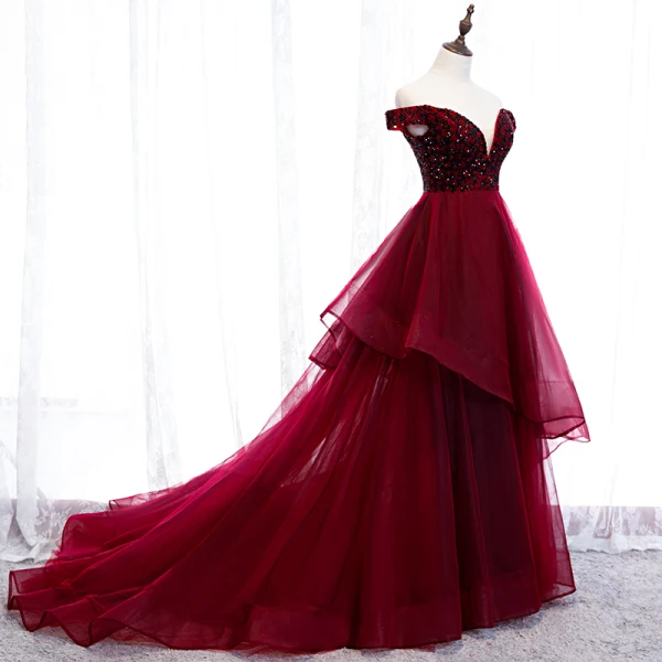 Chic / Beautiful Burgundy Evening Dresses  2019 A-Line / Princess Off-The-Shoulder Beading Crystal Sleeveless Backless Court Train Formal Dresses