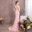 Luxury / Gorgeous Pearl Pink Evening Dresses  2018 Trumpet / Mermaid Beading Crystal Rhinestone Pearl High Neck Backless Short Sleeve Sweep Train Formal Dresses