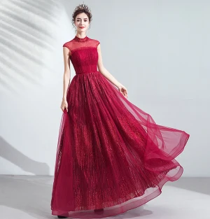 Vintage Retro Burgundy Evening Dresses 2020 A Line Princess Ruffle High Neck Beading Crystal Sequins Sleeveless Backless Floor Length Long Formal Dresses