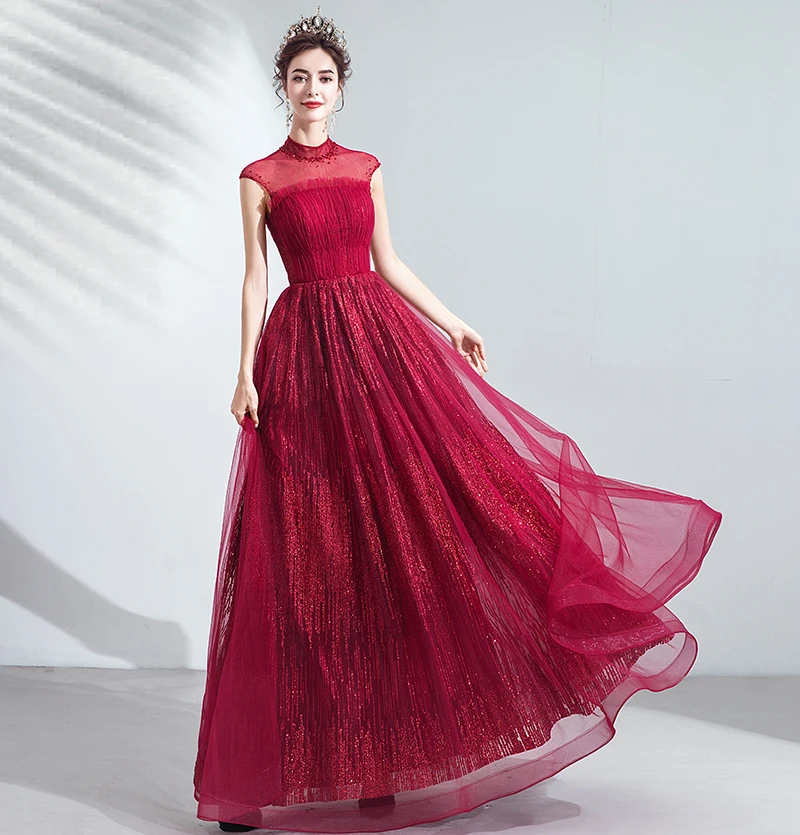 Vintage Retro Burgundy Evening Dresses 2020 A Line Princess Ruffle High Neck Beading Crystal Sequins Sleeveless Backless Floor Length Long Formal Dresses Vintage Retro Burgundy Evening Dresses 2020 A Line Princess Ruffle High Neck Beading Crystal Sequins Sleeveless Backless Floor Length Long Formal Dresses