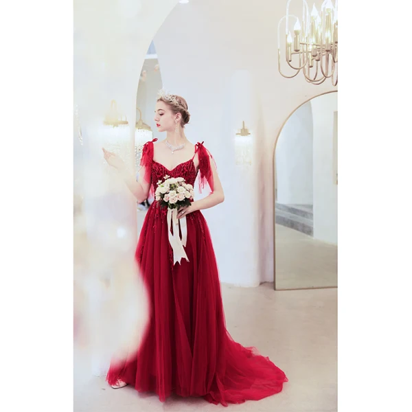 Chic / Belle Rouge Robe De Soirée 2020 Princesse Bretelles Spaghetti Perlage En Dentelle Fleur Sans Manches Dos Nu Train De Balayage Robe De Ceremonie