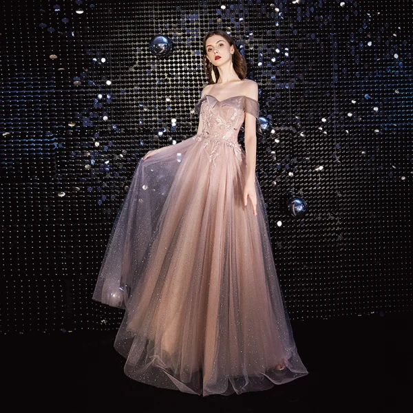 Élégant Rougissant Rose Robe De Soirée 2020 Princesse De l'épaule Perlage Paillettes En Dentelle Fleur Manches Courtes Dos Nu Longue Robe De Ceremonie