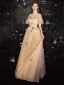 Charmant Doré Robe De Bal 2020 Princesse Encolure Dégagée En Dentelle Paillettes Étoile Faux Diamant Manches Courtes Dos Nu Longue Robe De Ceremonie
