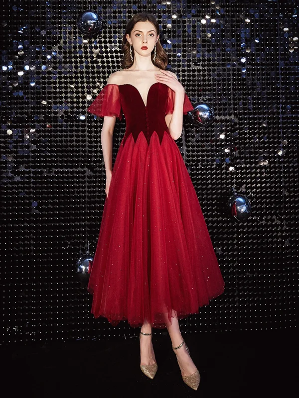 Charmant Rouge Courte Robe De Bal 2020 Princesse Col v profond Paillettes Daim Manches Courtes Thé Longueur Robe De Ceremonie