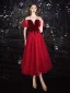 Charmant Rouge Courte Robe De Bal 2020 Princesse Col v profond Paillettes Daim Manches Courtes Thé Longueur Robe De Ceremonie