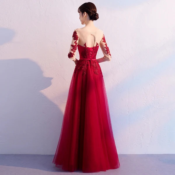Elegant Burgundy Evening Dresses 2019 A-Line / Princess Scoop Neck Bow Lace Flower 1/2 Sleeves Backless Floor-Length / Long Formal Dresses