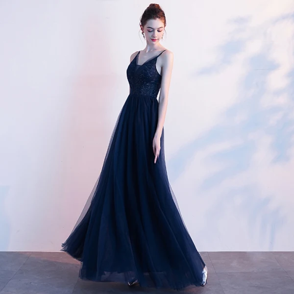 Élégant Bleu Marine Robe De Soirée 2020 Princesse Bretelles Spaghetti Faux Diamant Sans Manches Dos Nu Longue Robe De Ceremonie