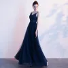 Elegante Marineblau Abendkleider 2020 A Linie Spaghettiträger Strass Ärmellos Rückenfreies Lange Festliche Kleider