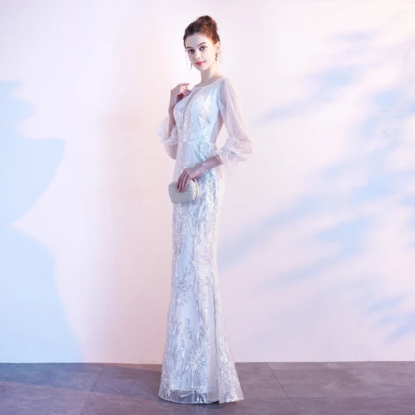 Charmant Blanche Robe De Soirée 2020 Trompette / Sirène Encolure Dégagée Paillettes 3/4 Manches Longue Robe De Ceremonie