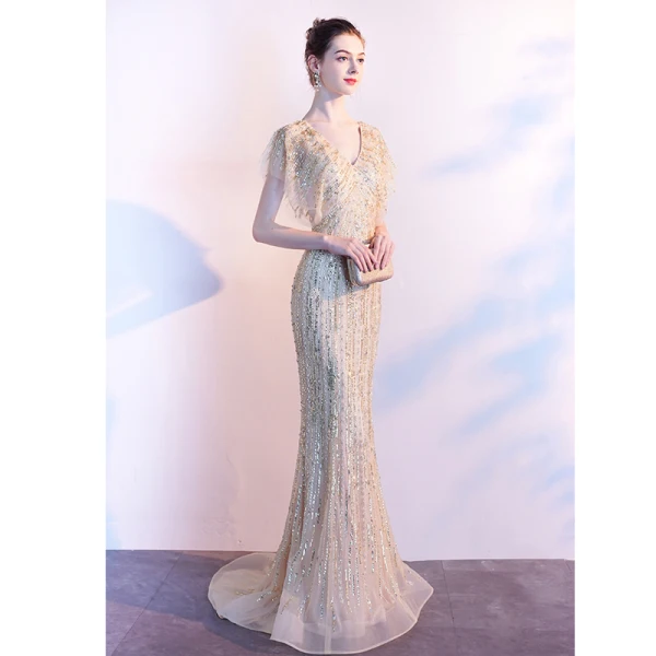 Luxe Doré Robe De Soirée 2020 Trompette / Sirène V-Cou Fait main Perlage Cristal Paillettes Manches Courtes Dos Nu Train De Balayage Robe De Ceremonie
